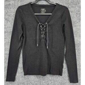 Stone Row x Georgia Jagger Lace Up Shirt Women S Black Ribbed V-Neck